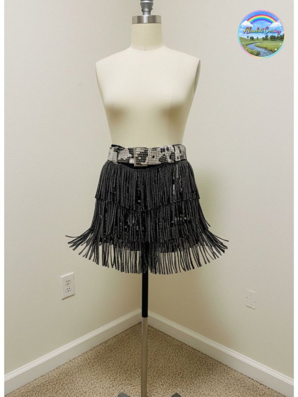 Sparkle Rhinestone Fringe Skirt Elastic Waistband Short Mini Dress